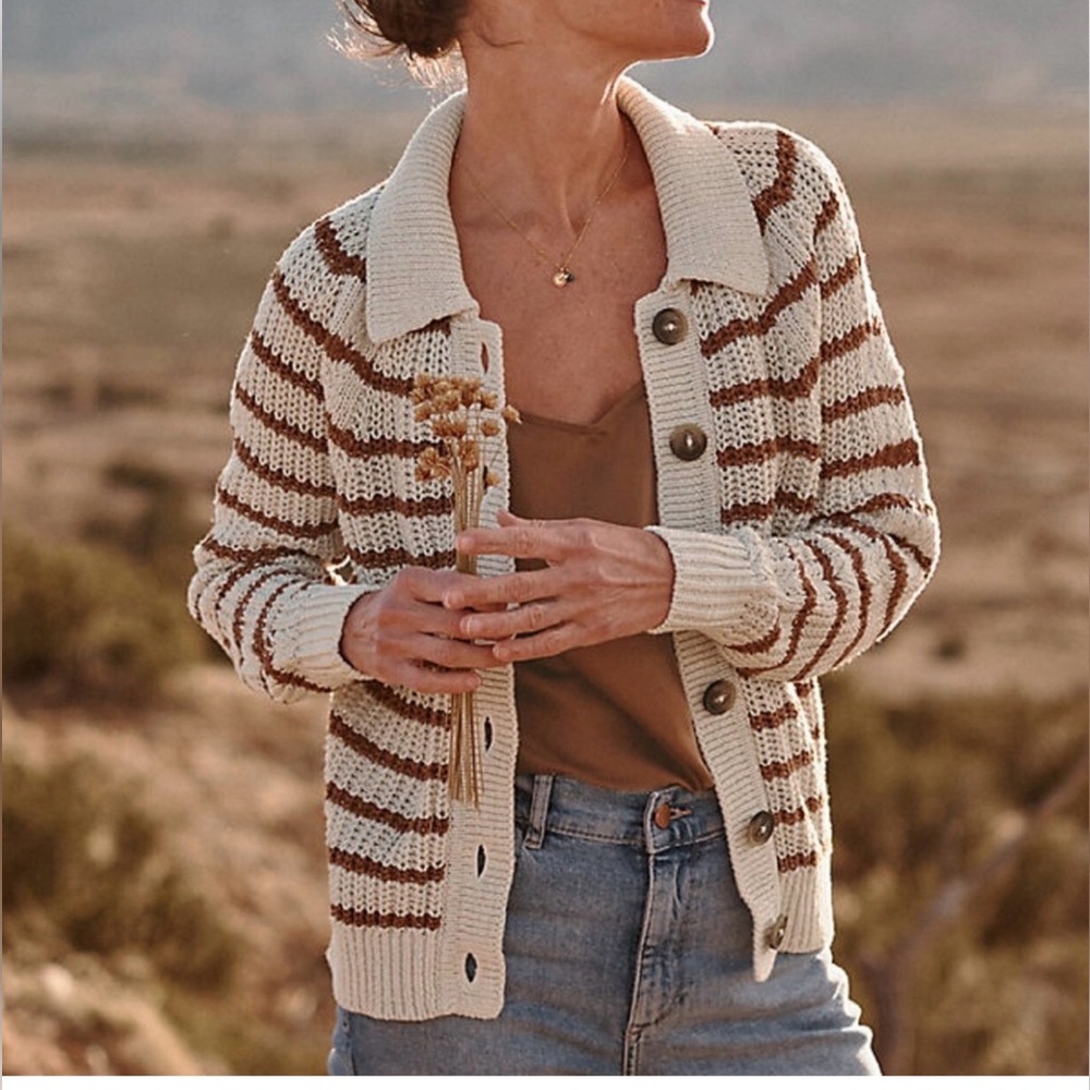 Garnet Hill Maren Linen and Organic Cotton Cream and Brown Striped Cardigan XL